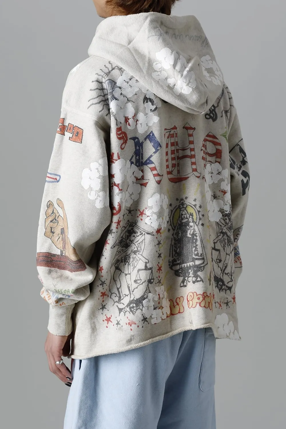 DENIM TEARS × ©SAINT M×××××× "SAINT TEARS" Graffiti Hoodie Joint Model Cotton Graffiti Hoodie Fully Printed Washed Distressed Holes Vintage Sweatshirt Gray S-XL Super Heavy Duty! The whole piece is printed with 35 screens and counterpoint printing!
